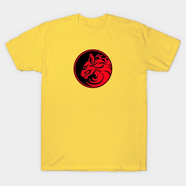 Growling Red and Black Wolf Circle T-Shirt by jeffbartels